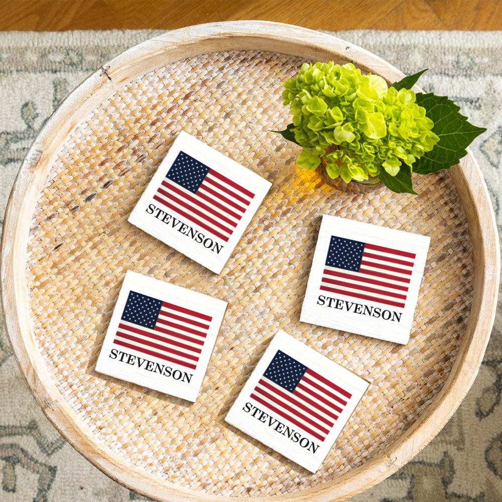 Personalized American Flag Coaster Set